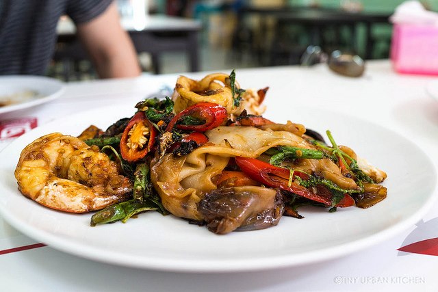 Jay Fai's Street Food Drunken Noodles in Bangkok, Thailand. Recommended by Michelin guides.